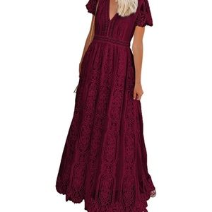 Women Summer Vintage V Neck Short Sleeve Cocktail Dress Flowy Party Wine Red XL